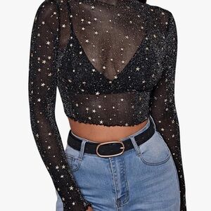 Women’s Crop Top - Sheer,Mesh,Long Sleeve,Lettuce Trim,See Through - Black-L-NEW